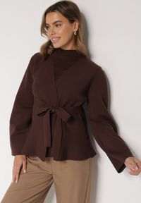 Born2be - Brązowy Kardigan z Wiskozą i Wiązaniem w Pasie Tusvela. Okazja: na co dzień. Kolor: brązowy. Materiał: wiskoza. Styl: casual #2