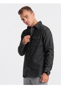 Ombre Clothing - Koszula męska jeansowa na zatrzaski z kieszonkami - czarna V3 OM-SHDS-0115 - XXL. Kolor: czarny. Materiał: jeans #9