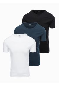 Ombre Clothing - Zestaw męskich t-shirtów bawełnianych BASIC z okrągłym dekoltem – czarny/biały/granatowy V1. Okazja: na co dzień. Kolor: biały. Materiał: bawełna. Styl: klasyczny, casual