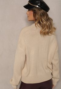 Renee - Beżowy Wiskozowy Sweter z Cekinami i Motywem Misia Nyrimi. Okazja: na co dzień. Kolor: beżowy. Materiał: wiskoza. Długość rękawa: długi rękaw. Długość: długie. Styl: casual #3