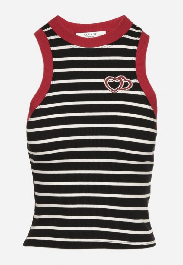 Born2be - Czarny Top Bawełniany w Paski z Aplikacją z Cyrkonii w Serduszka Garilea. Okazja: na spacer, na co dzień. Kolor: czarny. Materiał: bawełna. Wzór: aplikacja, paski. Sezon: lato. Styl: elegancki, casual