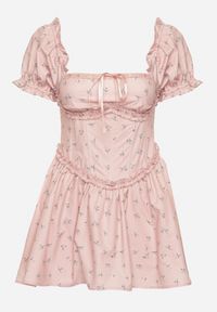 Born2be - Różowa Sukienka Vices z Bufkami Falbankami i Wiązaniem w Kwiaty Tolalira. Okazja: na co dzień. Typ kołnierza: kołnierz z falbankami. Kolor: różowy. Materiał: skóra. Wzór: kwiaty. Styl: klasyczny, casual, elegancki #5