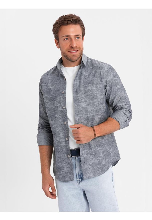 Ombre Clothing - Klasyczna flanelowa męska koszula bawełniana w kwiaty - szara V3 - Rozmiar: XXL. Typ kołnierza: kołnierzyk klasyczny. Kolor: szary. Materiał: bawełna. Długość rękawa: długi rękaw. Długość: długie. Wzór: kwiaty. Styl: klasyczny