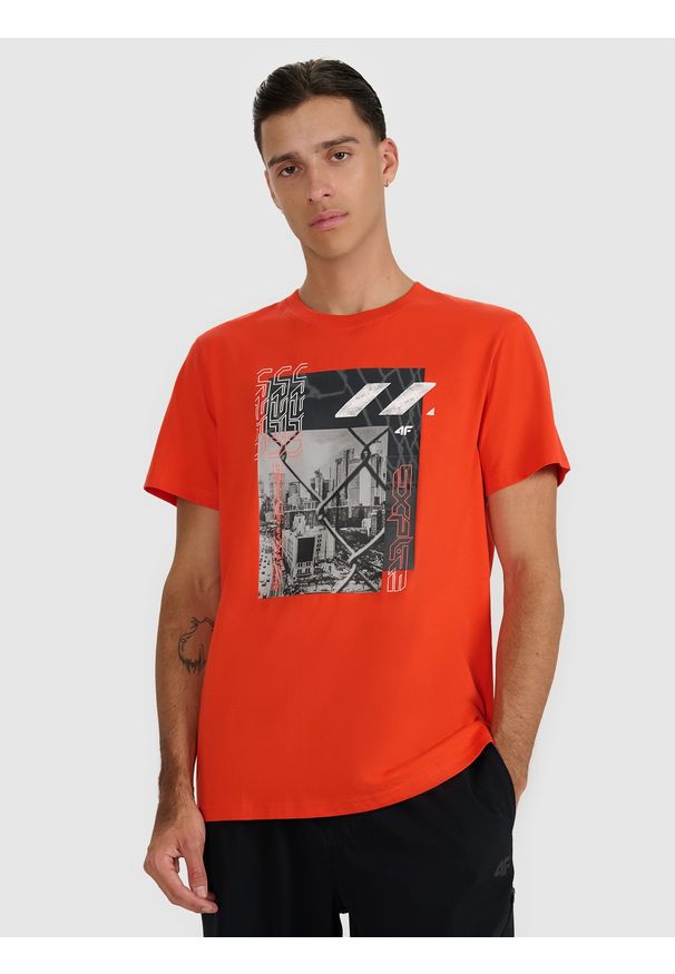 4f - 4F T-shirt regular z nadrukiem męski - czerwony XL. Kolor: czerwony. Materiał: skóra, bawełna. Wzór: nadruk