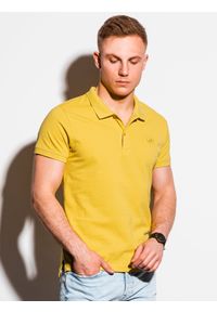 Ombre Clothing - Koszulka męska polo klasyczna bawełniana S1374 - żółta - XXL. Typ kołnierza: polo. Kolor: żółty. Materiał: bawełna. Wzór: haft. Styl: klasyczny