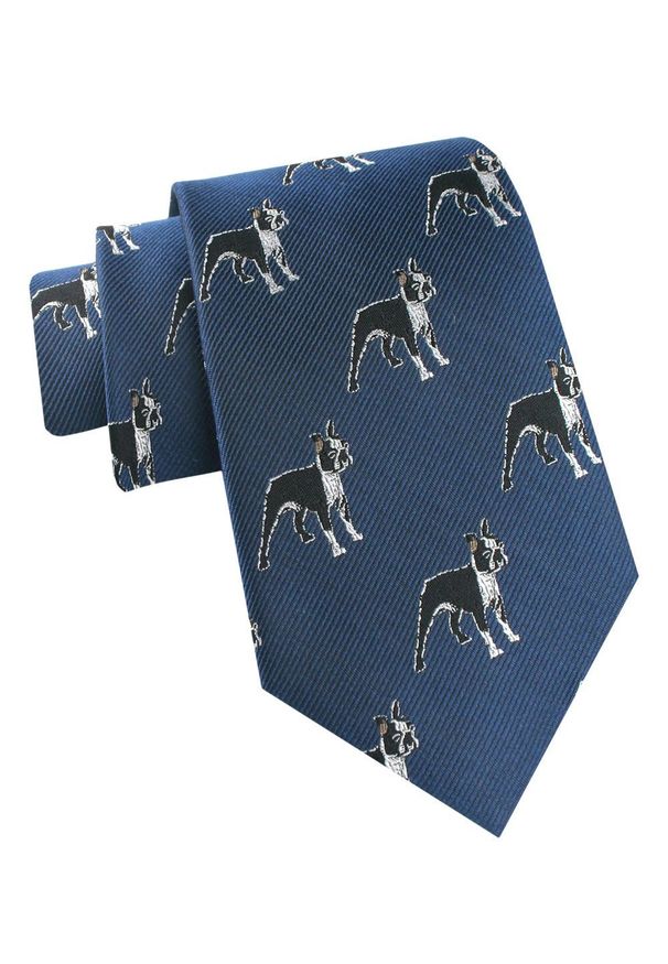 Jedwabny Krawat Męski - His Story - Niebieski, Wzór Psów (Boston Terrier). Kolor: niebieski. Materiał: jedwab. Styl: klasyczny, elegancki