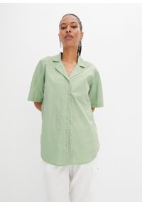 bonprix - Luźniejsza bluzka oversize z domieszką lnu, krótki rękaw. Kolor: zielony. Materiał: len. Długość rękawa: krótki rękaw. Długość: krótkie