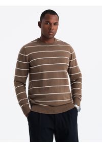 Ombre Clothing - Męski sweter casualowy w poziome paski – brązowy V3. Okazja: na co dzień. Kolor: brązowy. Materiał: nylon, włókno, materiał, bawełna. Wzór: paski. Styl: casual #9