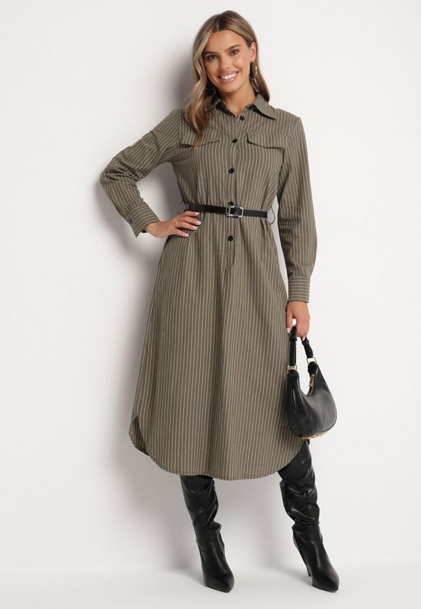 Born2be - Zielona Koszulowa Sukienka na Guziki z Paskiem i Imitacją Kieszeni Tintarra. Kolor: zielony. Typ sukienki: koszulowe. Styl: sportowy, klasyczny, elegancki