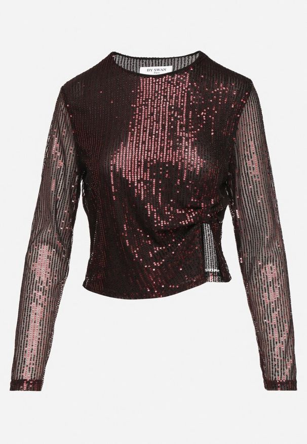 Born2be - Bordowa Siateczkowa Bluzka Ozdobiona Cekinami Nalitea. Okazja: na co dzień. Kolor: czerwony. Materiał: jeans. Wzór: aplikacja. Styl: elegancki, casual
