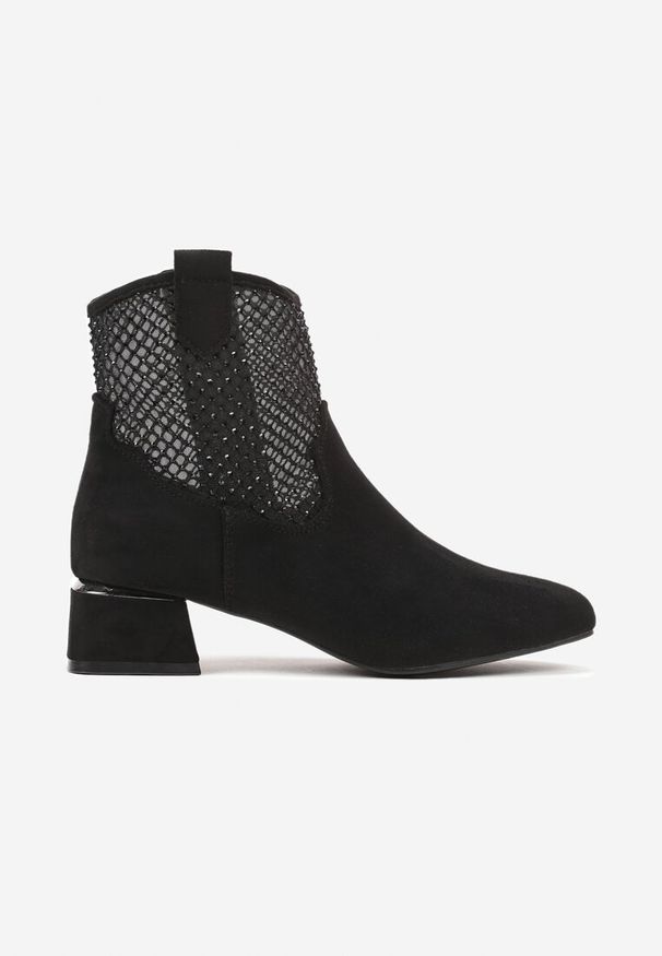 Born2be - Czarne Botki Vices na Obcasie z Siateczkową Cholewką Deonelle. Okazja: na co dzień. Kolor: czarny. Materiał: jeans. Szerokość cholewki: normalna. Wzór: aplikacja. Obcas: na obcasie. Styl: elegancki, casual. Wysokość obcasa: średni