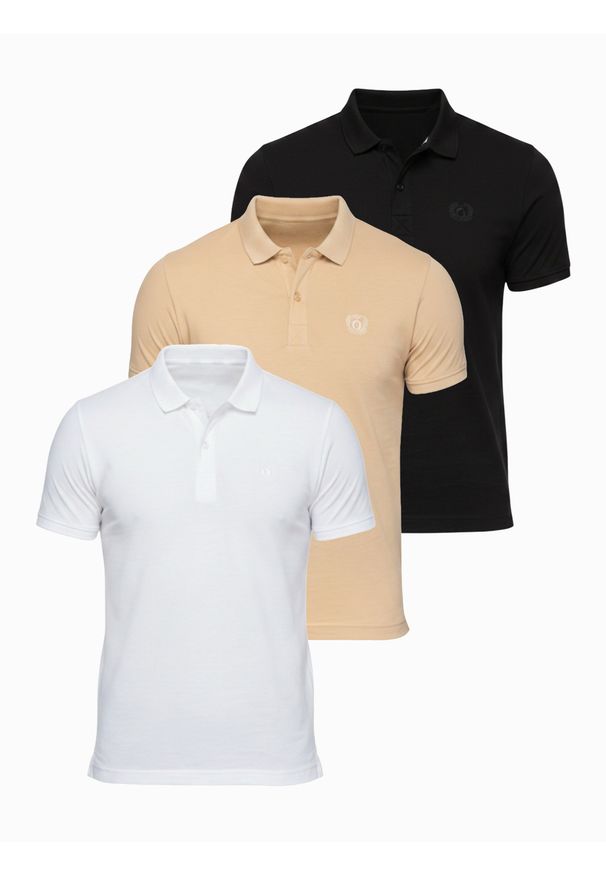Ombre Clothing - Komplet męskich bawełnianych t-shirtów polo BASIC – czarny/biały/beżowy V7. Okazja: na co dzień. Typ kołnierza: polo. Kolor: biały. Materiał: bawełna. Długość rękawa: krótki rękaw. Długość: krótkie. Wzór: haft. Styl: casual, klasyczny