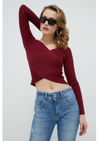 Guess sweter damski kolor bordowy lekki. Kolor: czerwony. Materiał: włókno, dzianina. Długość rękawa: raglanowy rękaw. Wzór: gładki #1
