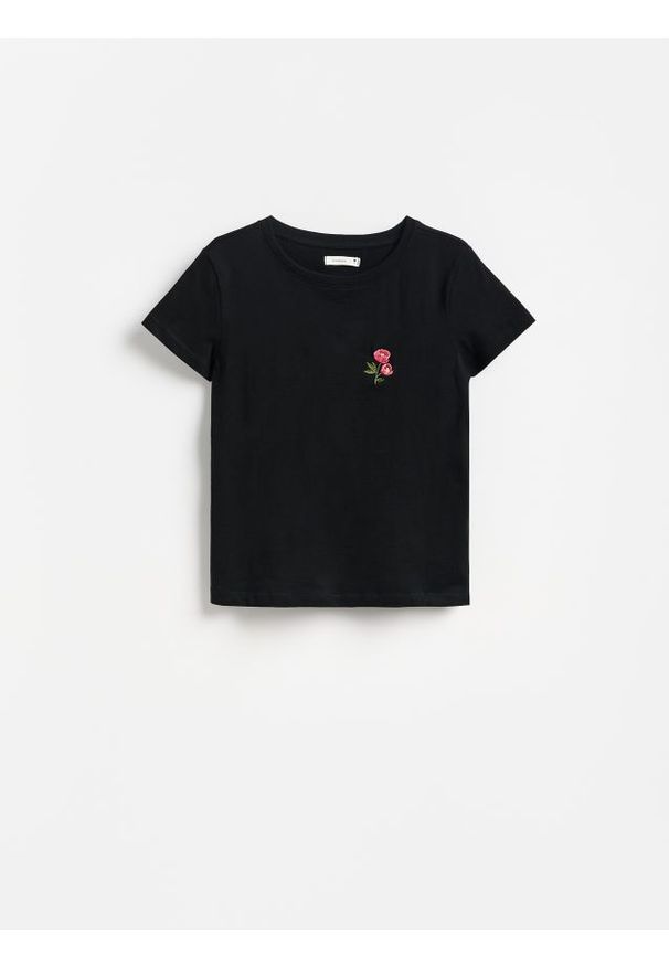 Reserved - Bawełniany T-shirt z haftem - czarny. Kolor: czarny. Materiał: bawełna. Wzór: haft