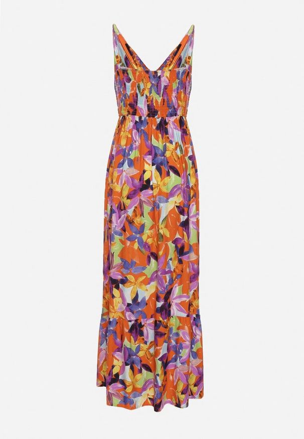 Born2be - Pomarańczowo-Fioletowa Wiskozowa Sukienka na Ramiączkach z Kopertowym Dekoltem i Gumką w Talii z Tiamalen. Okazja: na imprezę, na co dzień. Typ kołnierza: dekolt kopertowy. Kolor: pomarańczowy. Materiał: wiskoza. Długość rękawa: na ramiączkach. Wzór: aplikacja. Typ sukienki: kopertowe. Styl: elegancki, casual, klasyczny, wizytowy