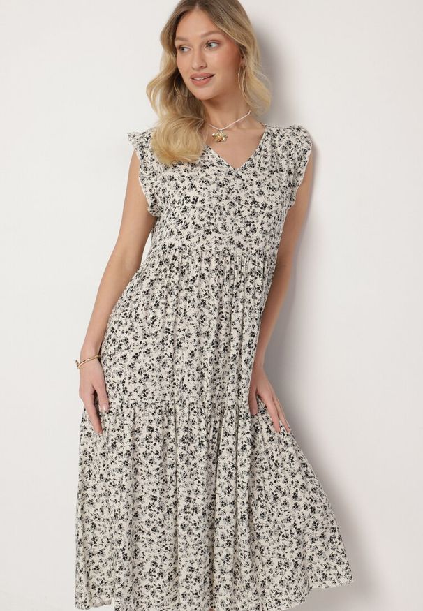 Born2be - Beżowo-Granatowa Bawełniana Sukienka o Rozkloszowanym Kroju z Falbanami i Dekoltem w Serek Ifforine. Okazja: na co dzień. Typ kołnierza: dekolt w serek. Kolor: beżowy. Materiał: bawełna. Styl: elegancki, casual