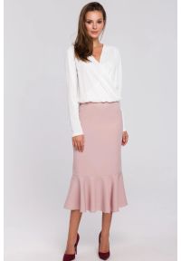 Sukienki.shop - Elegancka ołówkowa spódnica midi zakończona falbaną. Okazja: na co dzień, na spotkanie biznesowe, do pracy. Materiał: elastan, materiał. Styl: elegancki #1