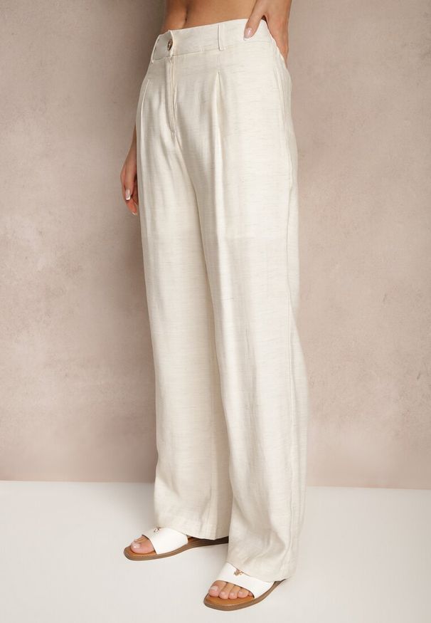 Renee - Beżowe Spodnie o Szerokim Kroju z Wiskozy High Waist Lisamara. Okazja: na co dzień, na imprezę. Stan: podwyższony. Kolor: beżowy. Materiał: wiskoza. Styl: klasyczny, elegancki, casual
