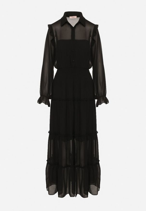 Born2be - Czarna Rozkloszowana Sukienka VICES Koszulowa w Stylu Retro Aravite. Okazja: na co dzień. Typ kołnierza: kołnierzyk klasyczny, kołnierz z falbankami, dekolt w kształcie V. Kolor: czarny. Długość rękawa: długi rękaw. Typ sukienki: koszulowe. Styl: retro