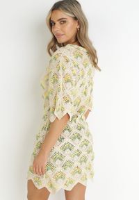 Born2be - Żółto-Fuksjowa Pudełkowa Sukienka Mini z Głębokim Dekoltem z Szydełkowej Bawełny Cristel. Kolor: żółty. Materiał: bawełna. Styl: boho. Długość: mini #2