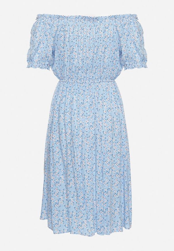 Born2be - Niebieska Sukienka Midi z Wiskozy Hiszpanka w Kwiatowy Print Oserafia. Typ kołnierza: dekolt hiszpanka. Kolor: niebieski. Materiał: wiskoza. Wzór: nadruk, kwiaty. Styl: boho. Długość: midi