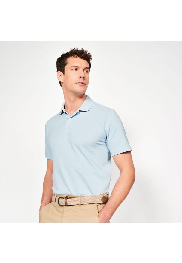 INESIS - Koszulka polo do golfa z krótkim rękawem męska Inesis MW100. Typ kołnierza: golf, polo. Materiał: bawełna. Długość rękawa: krótki rękaw. Długość: krótkie. Wzór: ze splotem