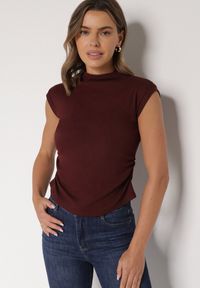 Born2be - Bordowy Marszczony Top z Bawełny i Wiskozy z Półgolfem Zetalia. Kolor: czerwony. Materiał: bawełna, wiskoza. Styl: klasyczny #2