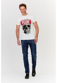 Philipp Plein - PHILIPP PLEIN Biały t-shirt z czaszką i logo. Kolor: biały. Materiał: prążkowany. Wzór: aplikacja