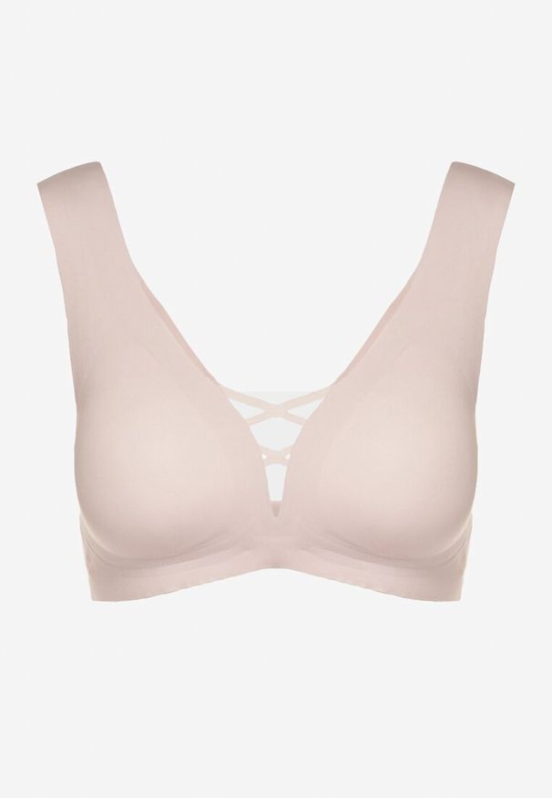 Born2be - Jasnoróżowy Biustonosz Sportowy z Siateczką i Gorsetowym Zdobieniem Saliatessa. Kolor: różowy. Rodzaj stanika: wyciągane miseczki. Wzór: aplikacja