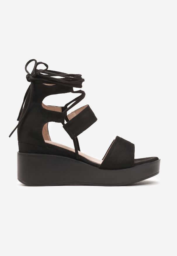 Renee - Czarne Sandały Wiązane Wokół Kostki na Koturnie z Platformą Righta. Kolor: czarny. Materiał: len. Sezon: wiosna, lato. Obcas: na koturnie. Styl: klasyczny, elegancki, street, wizytowy