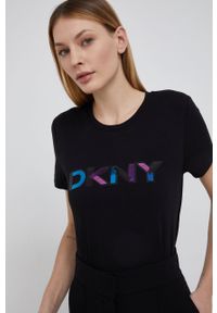 DKNY - Dkny T-shirt damski kolor czarny. Okazja: na co dzień. Kolor: czarny. Wzór: aplikacja. Styl: casual