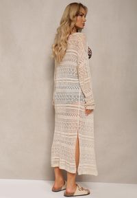 Renee - Beżowy Ażurowy Kardigan Boho Narzutka za Kolano Tavalia. Typ kołnierza: dekolt w łódkę. Kolor: beżowy. Materiał: jeans. Wzór: ażurowy. Sezon: lato. Styl: boho