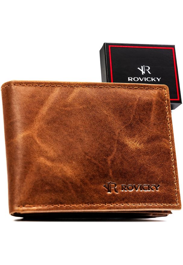 ROVICKY - Skórzany portfel męski w brązowym kolorze bez zapięcia zewnętrznego - Rovicky. Kolor: brązowy. Materiał: skóra