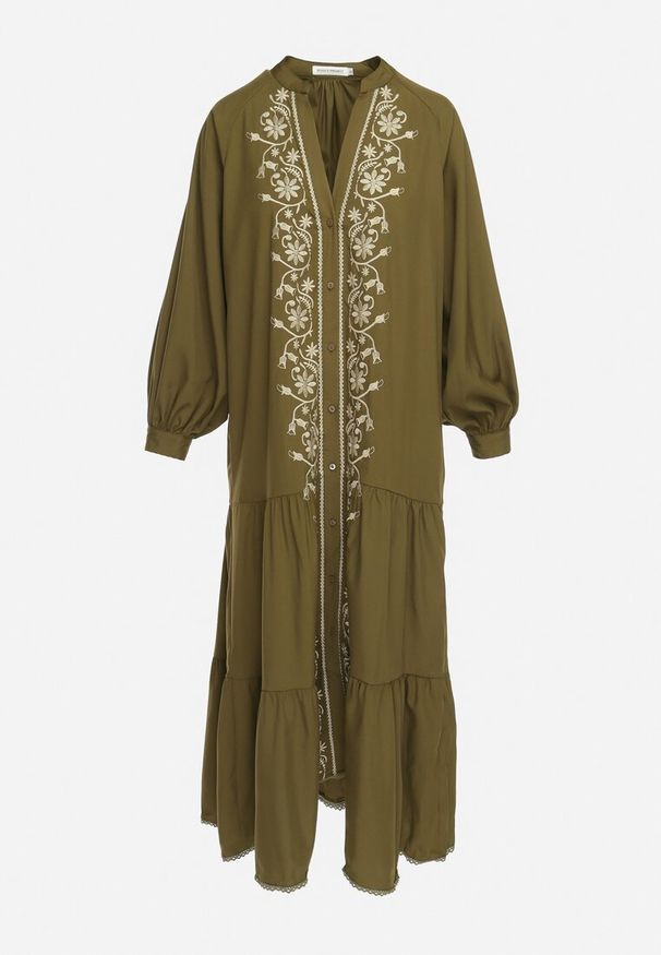 Born2be - Ciemnozielona Rozkloszowana Sukienka Midi z Ozdobnymi Haftami i Falbankami Polyra. Typ kołnierza: kołnierz z falbankami. Kolor: zielony. Wzór: haft. Typ sukienki: trapezowe. Długość: midi