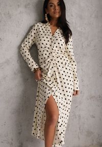 Renee - Beżowa Koszulowa Sukienka z Wiskozy z Dodatkiem Lnu z Drapowaną Talią Edrilith. Okazja: na co dzień. Kolor: beżowy. Materiał: wiskoza, len. Typ sukienki: koszulowe. Styl: casual, elegancki #1