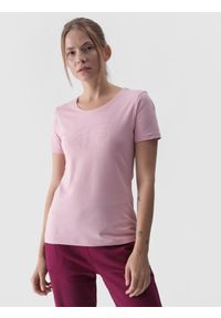 4f - 4F T-shirt slim z nadrukiem damski - różowy S. Okazja: na co dzień. Kolor: różowy. Materiał: dzianina, bawełna, jersey, materiał, elastan. Wzór: nadruk. Styl: klasyczny, sportowy, casual