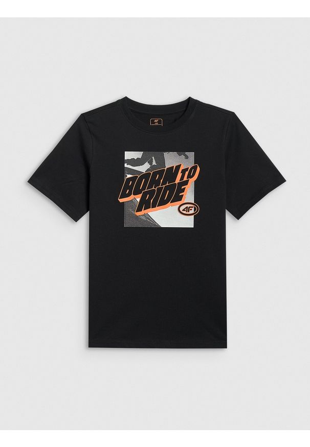 4f - 4F T-shirt regular z nadrukiem chłopięcy - czarny 140 (9-10 lat). Okazja: na co dzień. Kolor: czarny. Materiał: materiał, bawełna, skóra, dzianina. Wzór: nadruk. Sezon: lato. Styl: klasyczny, casual