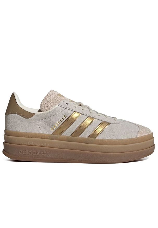 Adidas - Buty damskie adidas Originals Gazelle Bold IH6781 - beżowe. Okazja: na co dzień. Zapięcie: pasek. Kolor: beżowy. Materiał: zamsz, syntetyk, guma, skóra. Szerokość cholewki: normalna. Wzór: aplikacja, paski. Obcas: na platformie. Model: Adidas Gazelle