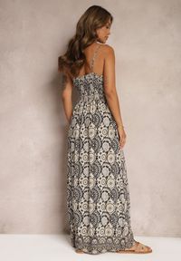 Renee - Czarno-Beżowa Sukienka w Stylu Boho na Ramiączkach z Gumką w Talii Felorea. Kolor: czarny. Materiał: tkanina. Długość rękawa: na ramiączkach. Sezon: lato. Styl: boho #3