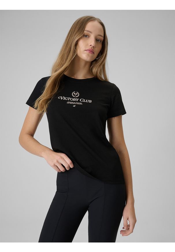 4f - 4F T-shirt regular z nadrukiem damski - czarny M. Okazja: na co dzień. Kolor: czarny. Materiał: dzianina, bawełna, materiał. Wzór: nadruk. Styl: klasyczny, casual