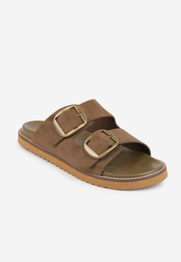 Born2be - Zielone Klapki VICES z Dwoma Paskami i Metalicznymi Klamrami Kaliniassi. Okazja: na co dzień. Kolor: beżowy. Materiał: jeans. Styl: elegancki, klasyczny, casual