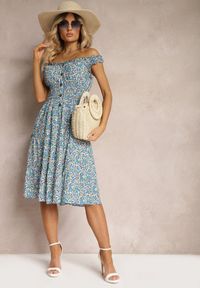 Renee - Niebieska Taliowana Sukienka Bawełniana o Rozkloszowanym Kroju z Gumką w Pasie Nelyssa. Okazja: na co dzień. Kolor: niebieski. Materiał: bawełna. Styl: casual