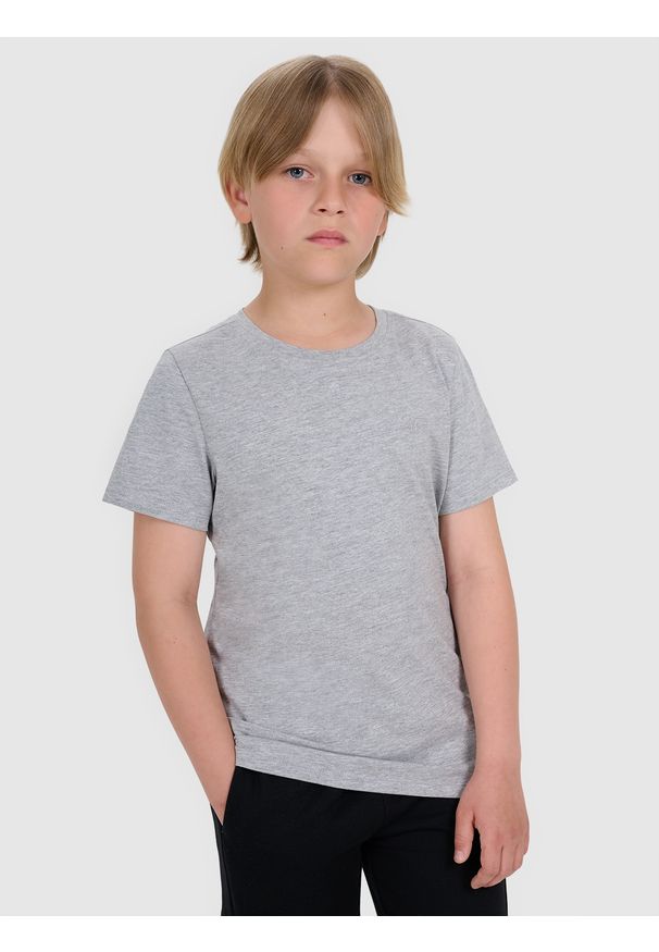4f - 4F T-shirt regular gładki chłopięcy - szary 122 (6-7 lat). Okazja: na co dzień. Kolor: szary. Materiał: bawełna, materiał, jersey. Długość rękawa: krótki rękaw. Długość: krótkie. Wzór: gładki. Sezon: lato. Styl: klasyczny, młodzieżowy, sportowy, casual