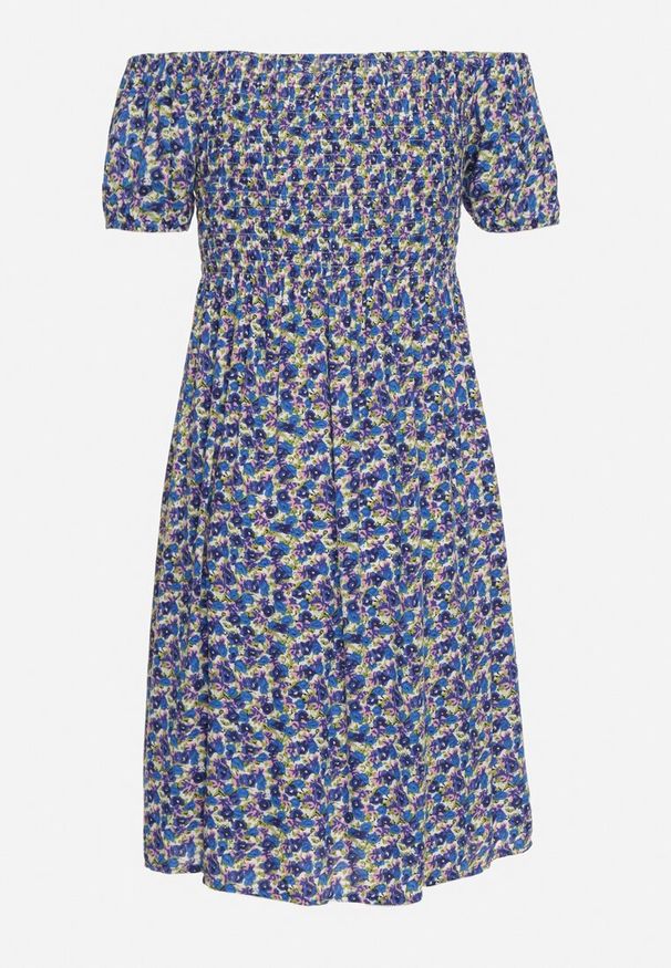 Born2be - Granatowa Wiskozowa Sukienka Hiszpanka z Gumkami w Pasie Valdina. Okazja: na co dzień. Typ kołnierza: dekolt hiszpanka. Kolor: niebieski. Materiał: wiskoza. Długość rękawa: krótki rękaw. Sezon: lato. Styl: casual, wakacyjny