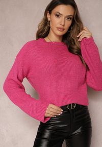 Renee - Fuksjowy Sweter z Miękkiej Dzianiny Hiuzze. Kolor: różowy. Materiał: dzianina. Wzór: gładki. Styl: klasyczny #4