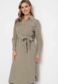 Born2be - Zielona Bawełniana Sukienka Koszulowa z Wiązanym Paskiem Zintrona. Okazja: na co dzień. Kolor: zielony. Materiał: bawełna. Typ sukienki: koszulowe. Styl: casual #5