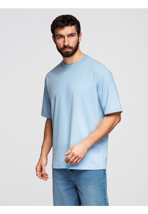 Ombre Clothing - T-shirt bawełniany męski LOOSE FIT z okrągłym dekoltem – błękitny V7 - Rozmiar: L. Okazja: na co dzień. Kolor: niebieski. Materiał: bawełna. Styl: casual, klasyczny