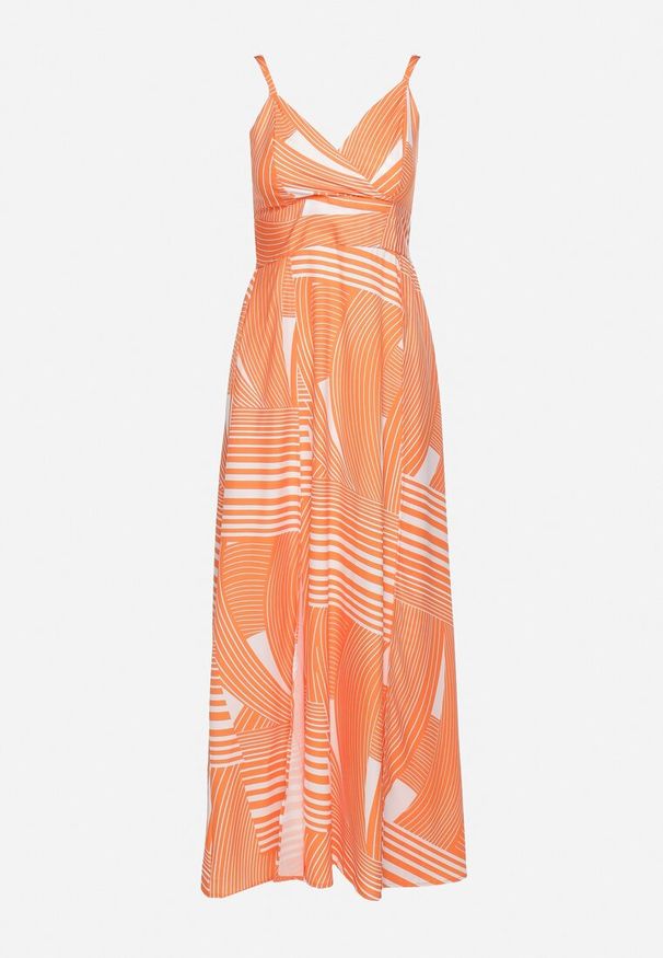 Born2be - Pomarańczowa Sukienka z Kopertowym Dekoltem na Regulowanych Ramiączkach z Rozcięciami Jatila. Okazja: na co dzień. Typ kołnierza: dekolt kopertowy. Kolor: pomarańczowy. Długość rękawa: na ramiączkach. Typ sukienki: kopertowe. Styl: casual