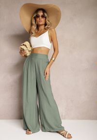 Renee - Zielone Szerokie Spodnie z Wiskozy High Waist z Gumką w Talii Timasha. Stan: podwyższony. Kolor: zielony. Materiał: wiskoza. Sezon: lato