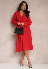 Renee - Czerwona Koszulowa Sukienka Midi z Gumką w Pasie Natelin. Kolor: czerwony. Typ sukienki: koszulowe. Styl: elegancki. Długość: midi